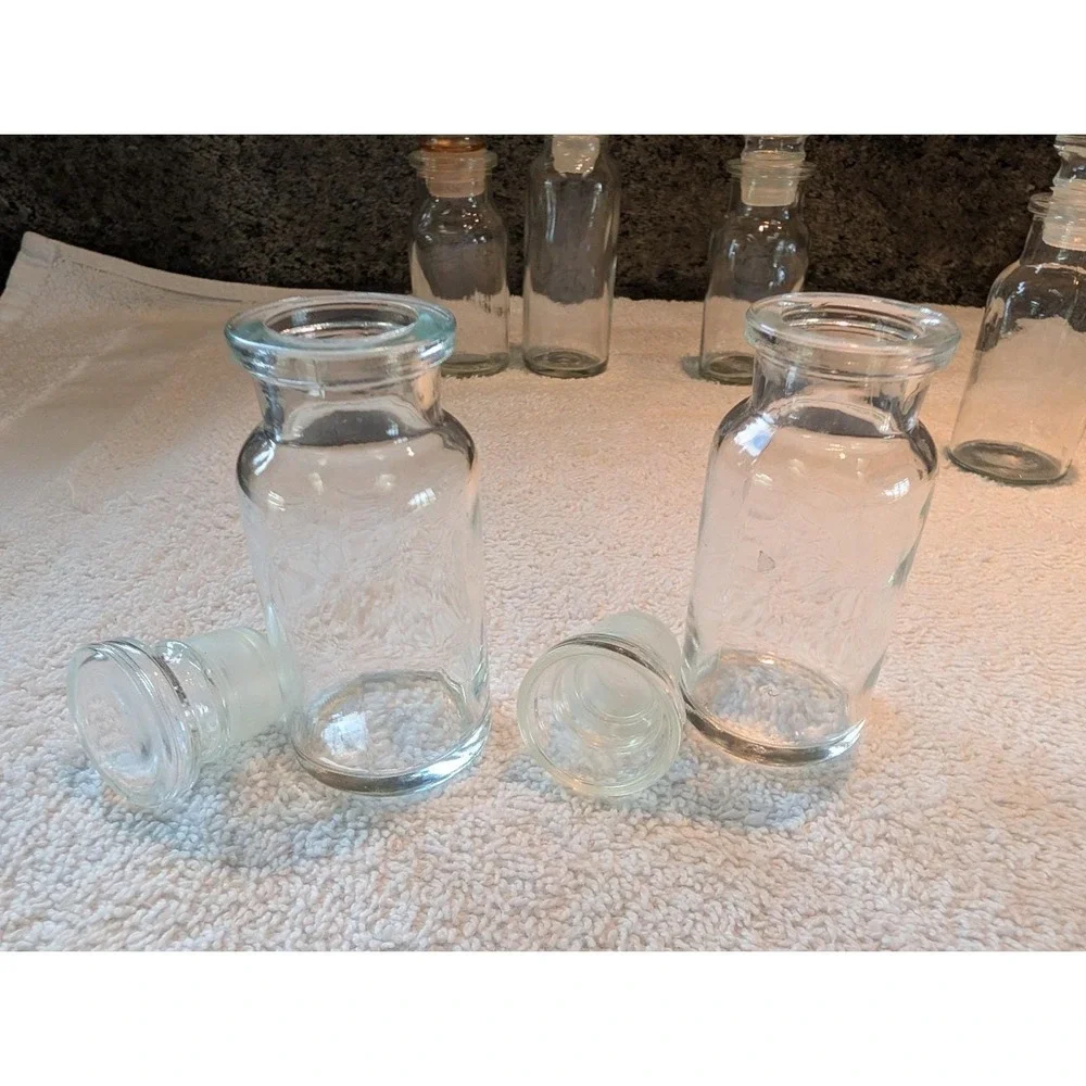 6 Vintage Clear Glass Apothecary Spice Jars/Bottles w/Stoppers Wagner Japan